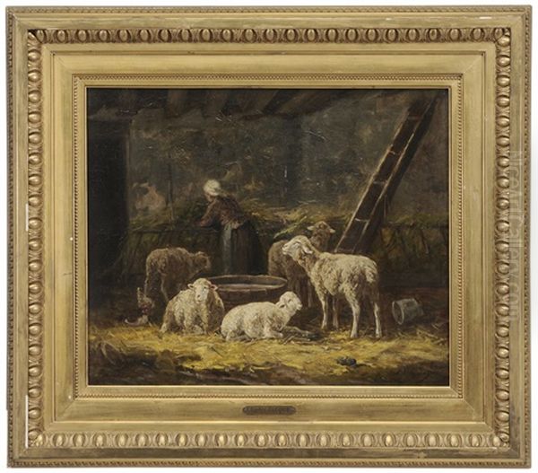 Shepherdess And Sheep In A Barn Oil Painting by Charles Jacques