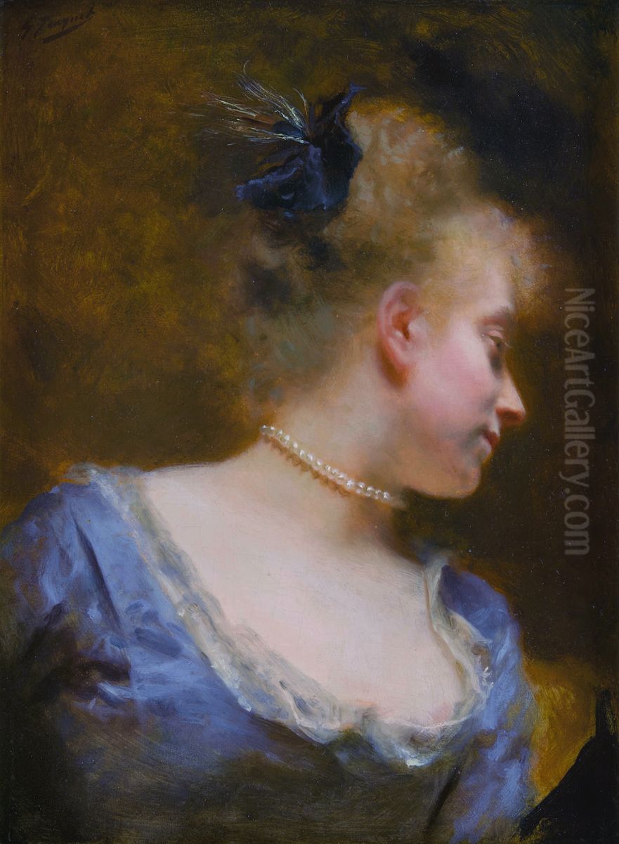 A Portrait Of A Young Girl With Pearl Necklace Oil Painting by Jacquet Gustave