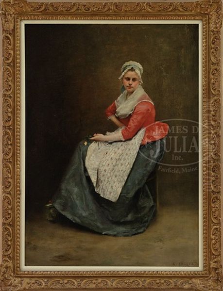 Full Length Portrait Of A Young Woman Wearing A Red Blouse Oil Painting by Jacquet Gustave