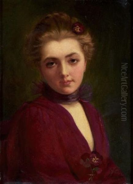 Portrait Of A Young Woman In Mauve Oil Painting by Jacquet Gustave