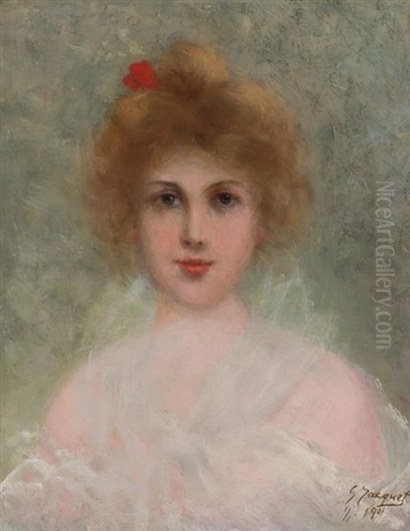 Girl With Red Flower Oil Painting by Jacquet Gustave