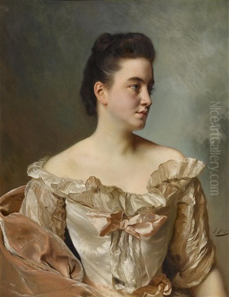 A Portrait Of A Lady In Pink Oil Painting by Jacquet Gustave