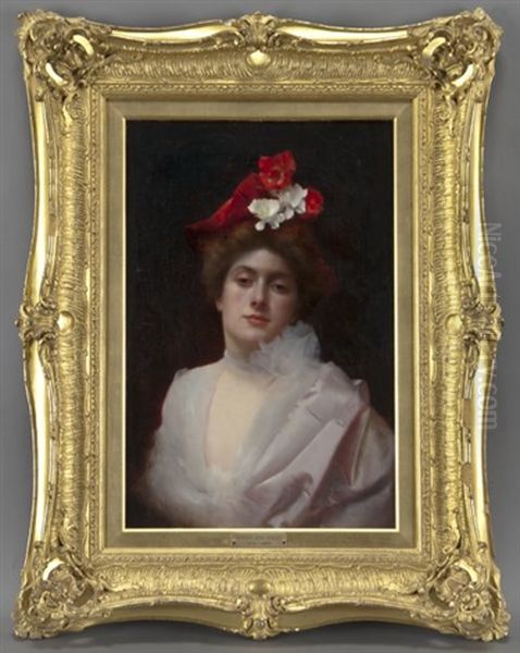 Le Chapeau Rouge Aux Fleurs Oil Painting by Jacquet Gustave