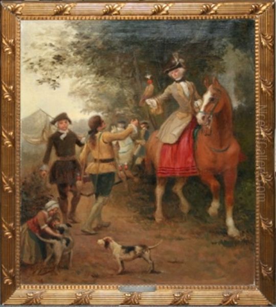 Woman Falconer On Horseback Oil Painting by Jacquet Gustave