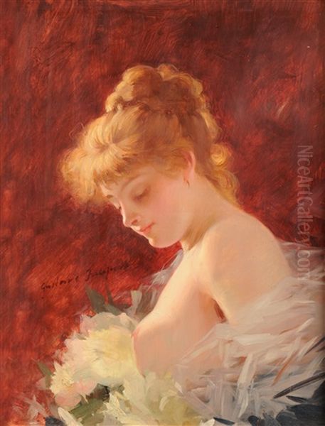 Portrait Of A Partially Draped Young Girl, Flowers Attached To A Shawl On Her Shoulder Oil Painting by Jacquet Gustave