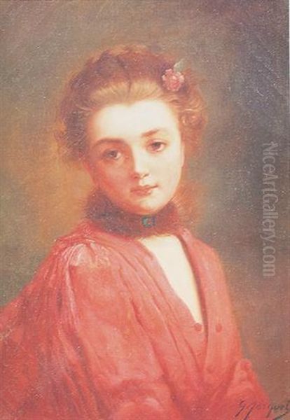 Bust Length Portrait Of A Young Auburn-haired Woman Wearing A Red Dress And Fur Collar Oil Painting by Jacquet Gustave