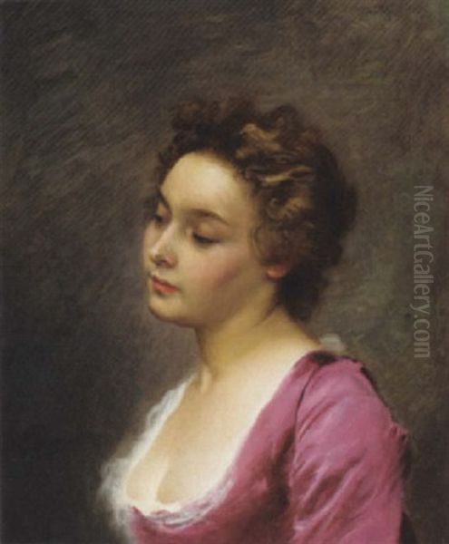 An Elegant Lady In A Pink Dress Oil Painting by Jacquet Gustave