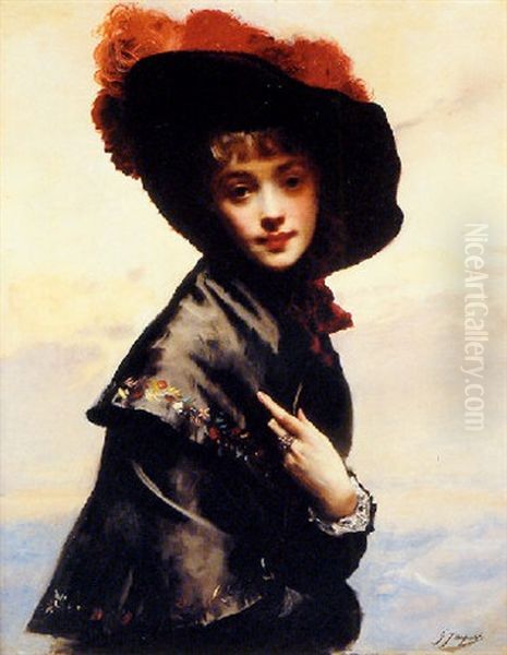 Portrait Of A Young Woman With Black Hat And Red Feathers Oil Painting by Jacquet Gustave