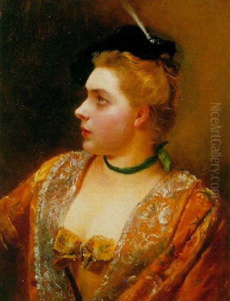 A Profile Portrait Of A Lady With A Green Scarf Oil Painting by Jacquet Gustave