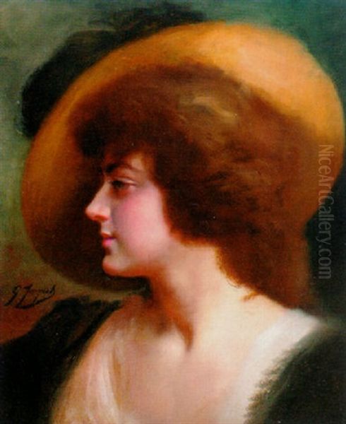 Portrait Of A Lady Wearing A Straw Hat Oil Painting by Jacquet Gustave