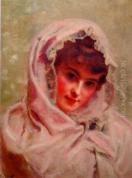 Portrait Of A Young Beauty In A Pink Shawl Oil Painting by Jacquet Gustave