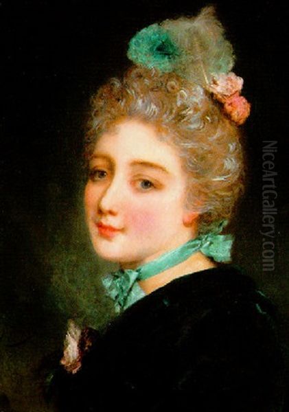 Portrait Of A Beauty With Blue Ribbon At Her Neck Oil Painting by Jacquet Gustave