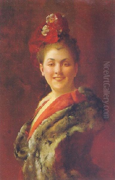 Lady With A Chinchilla Cape Oil Painting by Jacquet Gustave