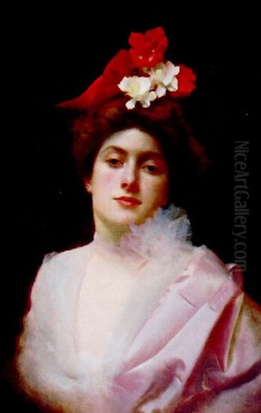 La Chapeau Rouge Aux Fleurs Oil Painting by Jacquet Gustave