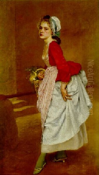 A Young Girl Holding A Vegetable Basket Oil Painting by Jacquet Gustave