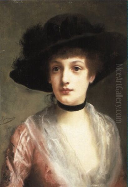 Portrait Of A Woman In A Black Hat Oil Painting by Jacquet Gustave