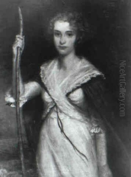 Portrait Of A Young Woman With A Walking Stick Oil Painting by Jacquet Gustave