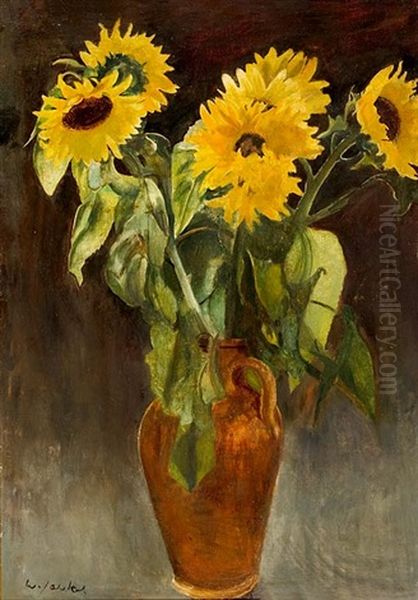 Sonnenblumen In Braunem Tonkrug Oil Painting by Willi Jaeckel