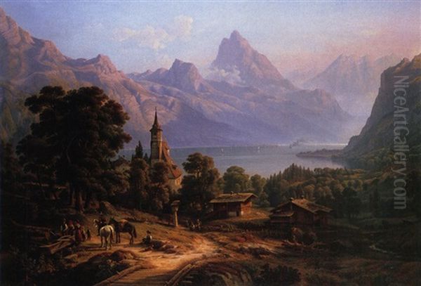 Am Wassertrog Vor Tiefer Landschaft Mit See Und Gebirge Oil Painting by Willi Jaeckel