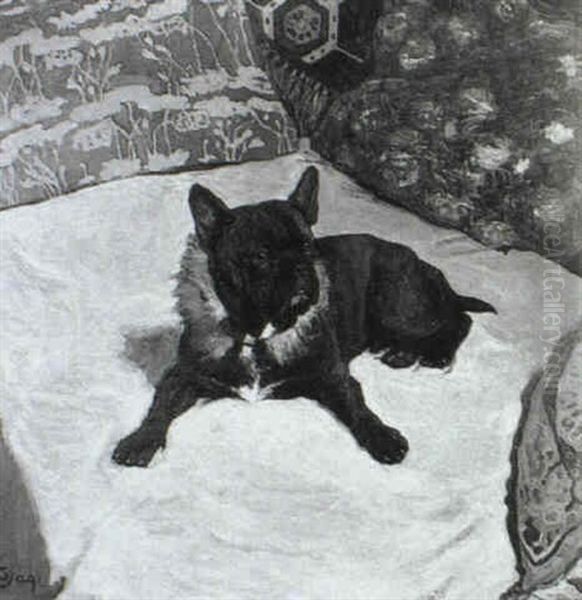 Portrait Of A Dog Seated On A Cushion Oil Painting by Gustav Jagerspacher