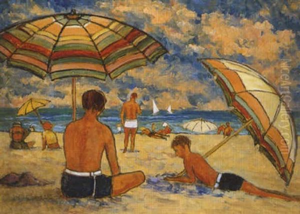 Beach Scene (cottesloe Beach?) Oil Painting by Lionel Jago