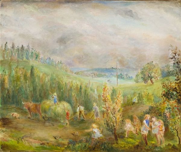 Haymaking Oil Painting by Wladyslaw Adam Alojzy Jahl