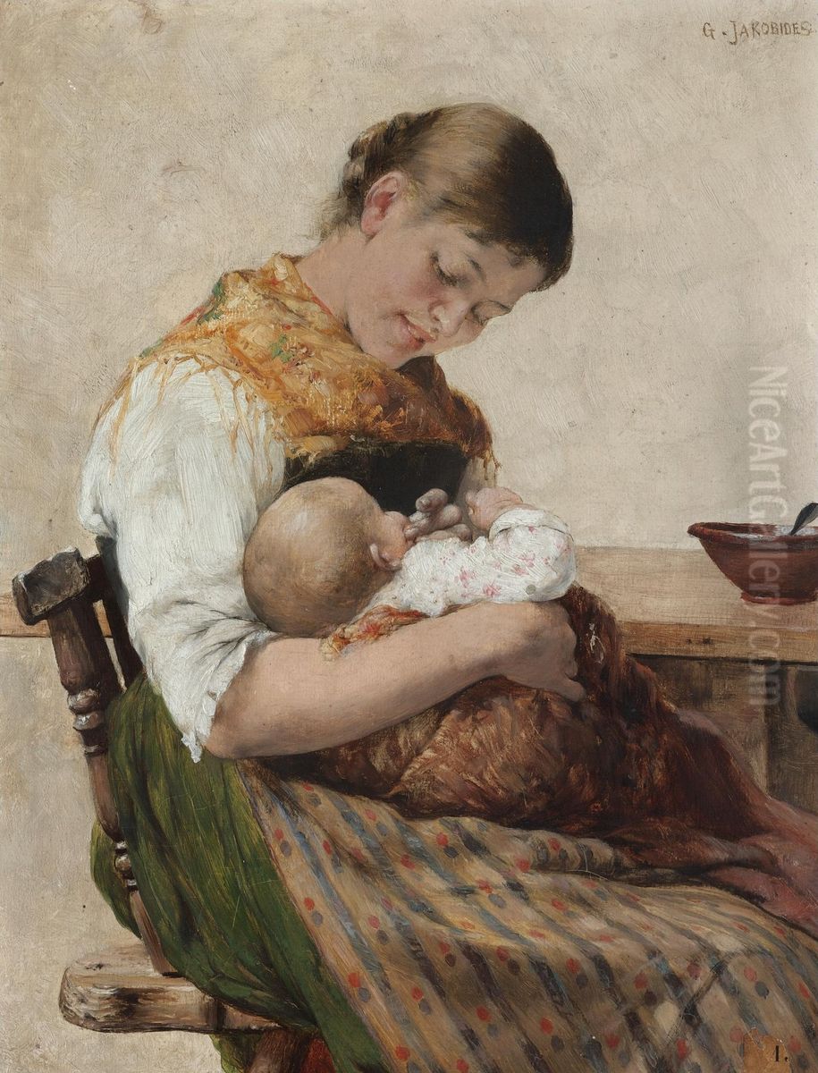 Maternal Affection Oil Painting by Georgios Jakobides