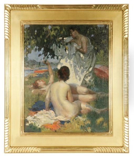 Summer Idyll With Three Women Under A Shade Tree Oil Painting by Lajos (Louis) Jambor