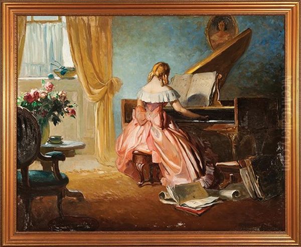 Practicing The Piano Oil Painting by Lajos (Louis) Jambor