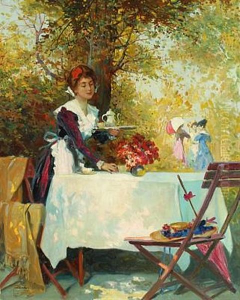 Garden Scenery With Young Woman Serving Coffee Oil Painting by Lajos (Louis) Jambor