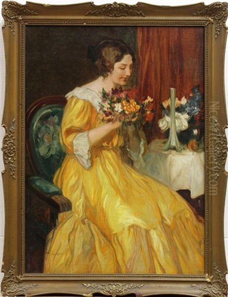 Young Girl In Yellow Dress Oil Painting by Lajos (Louis) Jambor