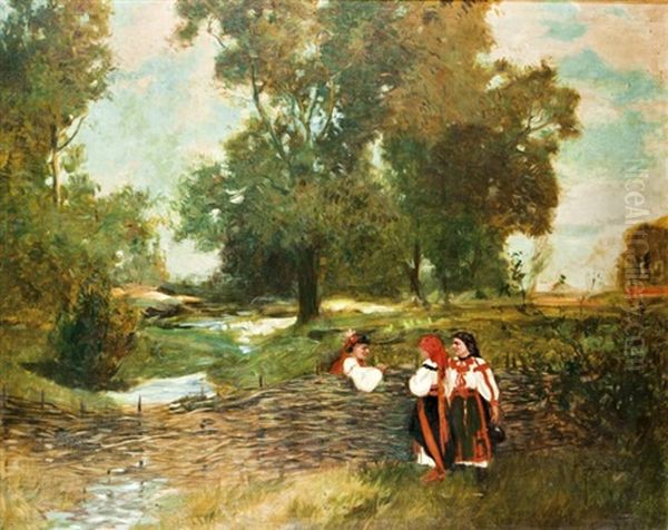 Kalotaszegi Eletkep Oil Painting by Lajos (Louis) Jambor