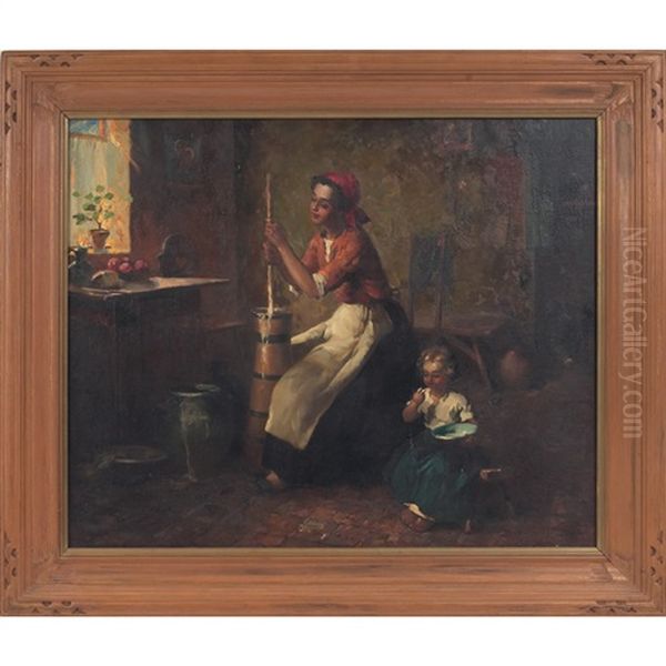 The Butter Churner Oil Painting by Lajos (Louis) Jambor