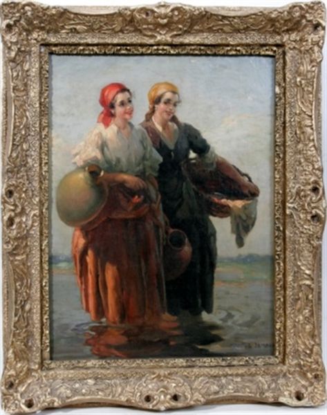Two Ladies Getting Water Oil Painting by Lajos (Louis) Jambor