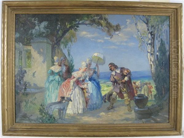 French Garden Landscape With Musketeer Greeting Two Ladies Oil Painting by Lajos (Louis) Jambor
