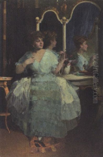 Portrat Einer Dame Im Hellblauen Chiffonkleid Im Boudoir Oil Painting by Lajos (Louis) Jambor