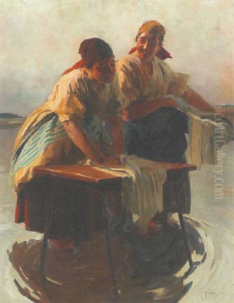 Wascherinnen Am See Oil Painting by Lajos (Louis) Jambor