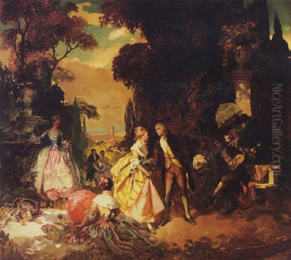 A Picnic In The Garden Oil Painting by Lajos (Louis) Jambor