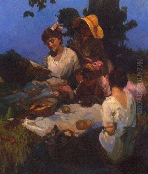 Ladies Enjoying A Picnic Oil Painting by Lajos (Louis) Jambor