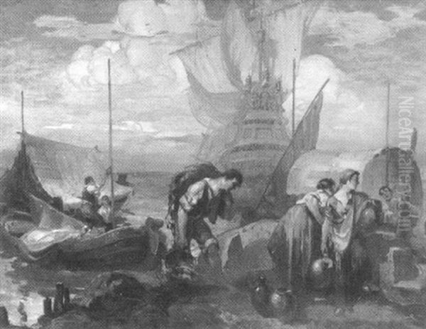 Bringing The Cargo Ashore Oil Painting by Lajos (Louis) Jambor