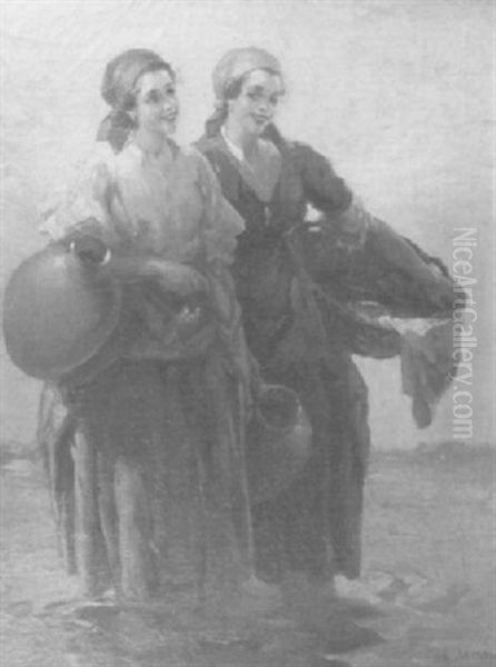 Smiling Washerwomen Oil Painting by Lajos (Louis) Jambor