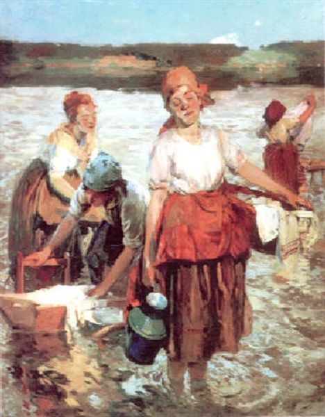 Washerwomen At Dusk Oil Painting by Lajos (Louis) Jambor