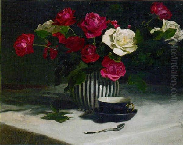 Red And White Roses In A Vase With A Cup And Saucer Oil Painting by Lajos (Louis) Jambor