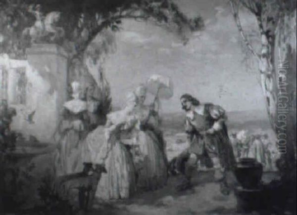 Figures And Dogs In A Garden Scene Oil Painting by Lajos (Louis) Jambor