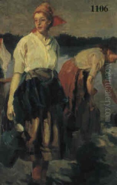 Junge Wascherinnen Am Flus Oil Painting by Lajos (Louis) Jambor