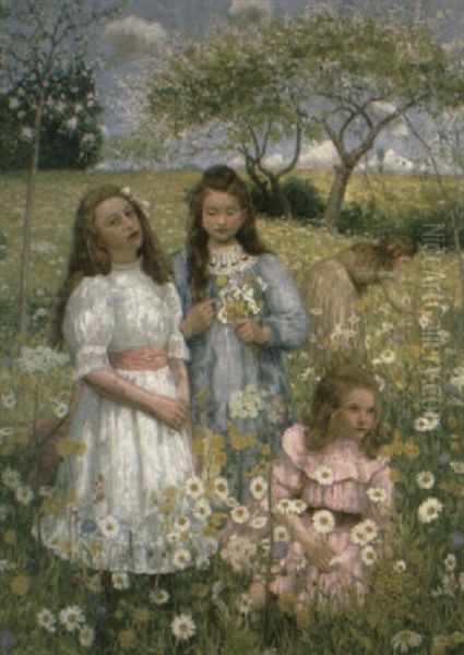 Picking Wild Flowers Oil Painting by Lajos (Louis) Jambor