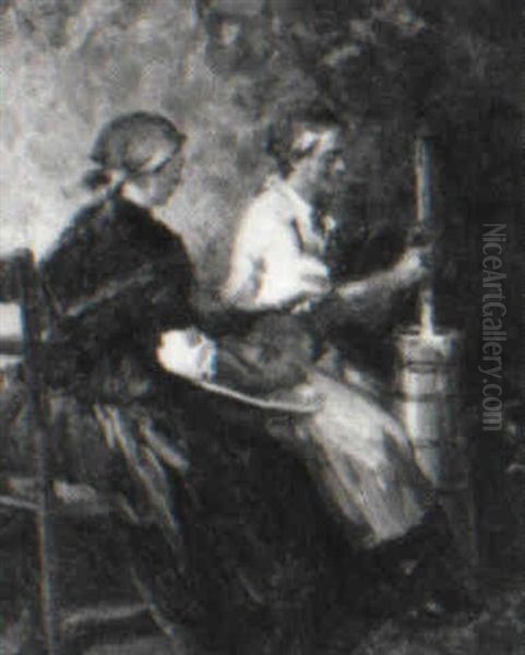 The Butter Churners Oil Painting by Lajos (Louis) Jambor