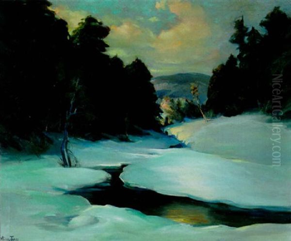 A Forest Stream With Snow-covered Banks Oil Painting by Alice Archer S. James