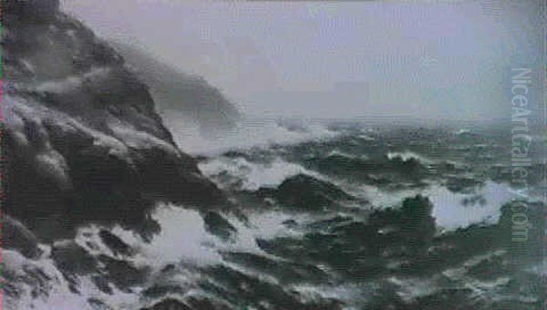 A Rocky Coastal Scene Oil Painting by David James