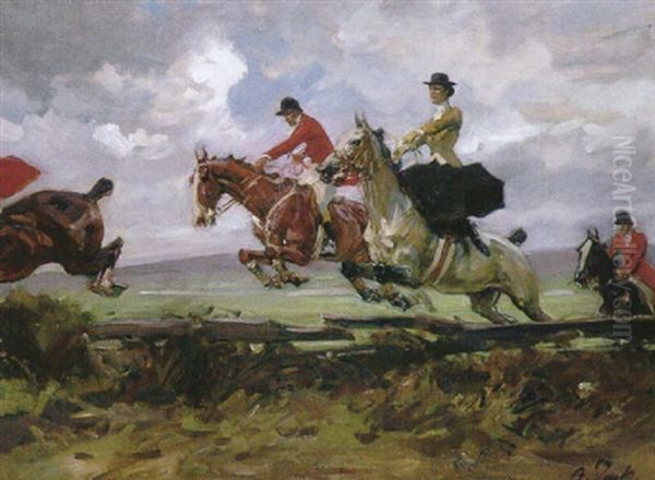 Reiter In Einer Fuchsjagd Setzen Uber Hag Oil Painting by Angelo Jank